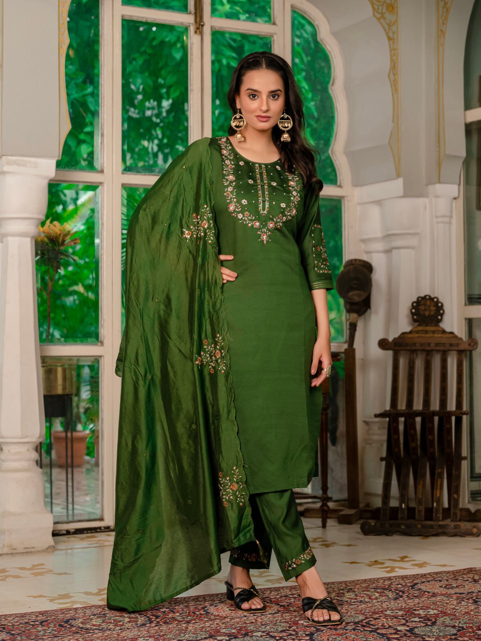 Green Marina Silk Embroidered Suit with Designer Maslin Dupatta