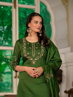 Green Marina Silk Embroidered Suit with Designer Maslin Dupatta