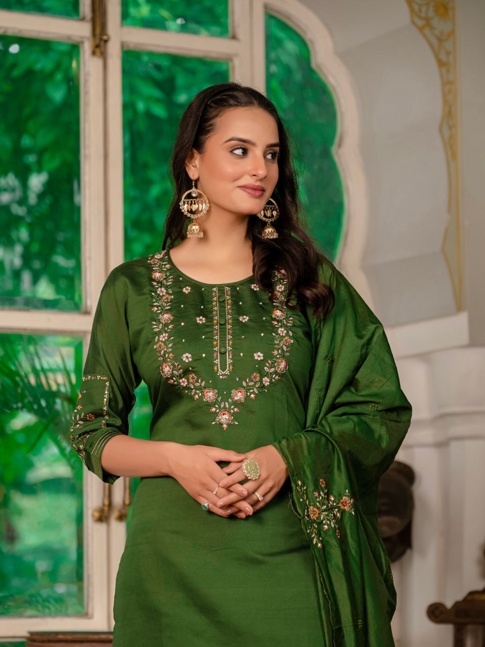 Green Marina Silk Embroidered Suit with Designer Maslin Dupatta