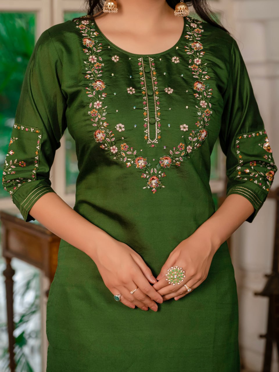 Green Marina Silk Embroidered Suit with Designer Maslin Dupatta