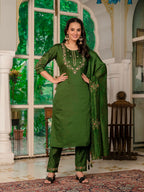 Green Marina Silk Embroidered Suit with Designer Maslin Dupatta