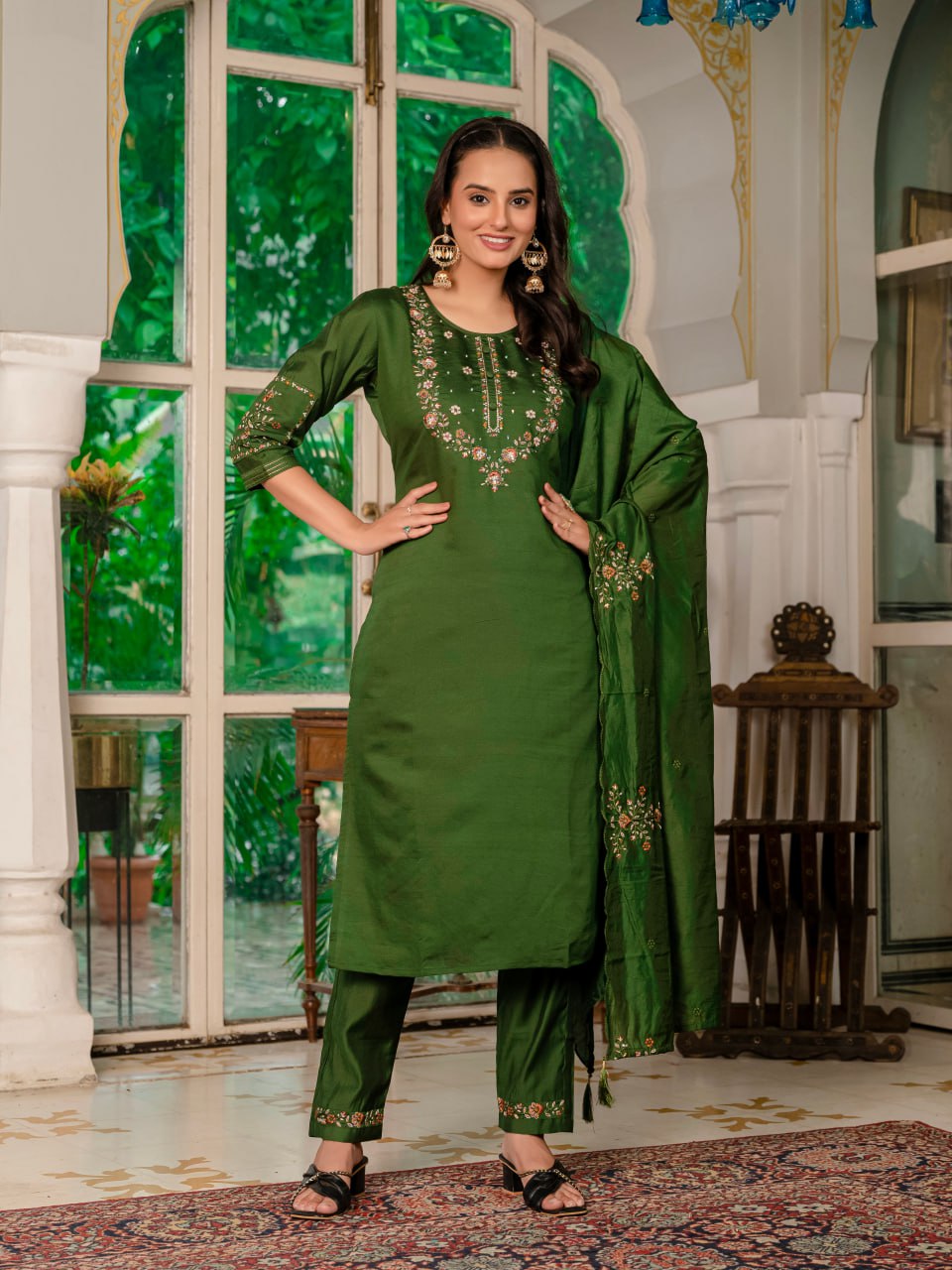 Green Marina Silk Embroidered Suit with Designer Maslin Dupatta