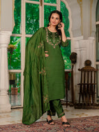 Green Marina Silk Embroidered Suit with Designer Maslin Dupatta
