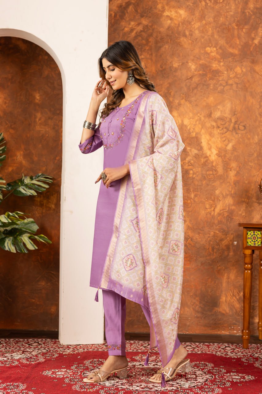 Moonpalav Lavender Mist Marina Silk Festive Suit with Digital Print Dupatta
