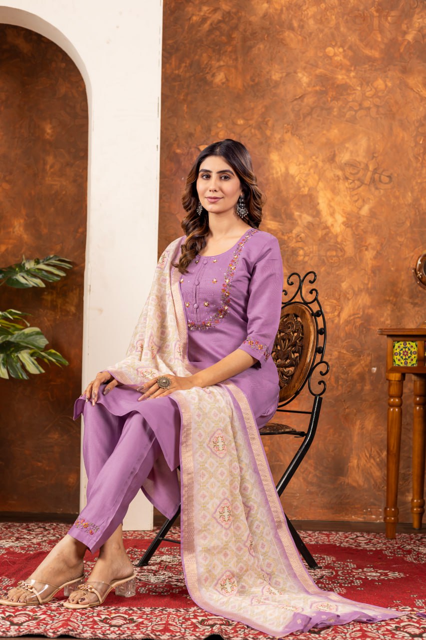 Moonpalav Lavender Mist Marina Silk Festive Suit with Digital Print Dupatta