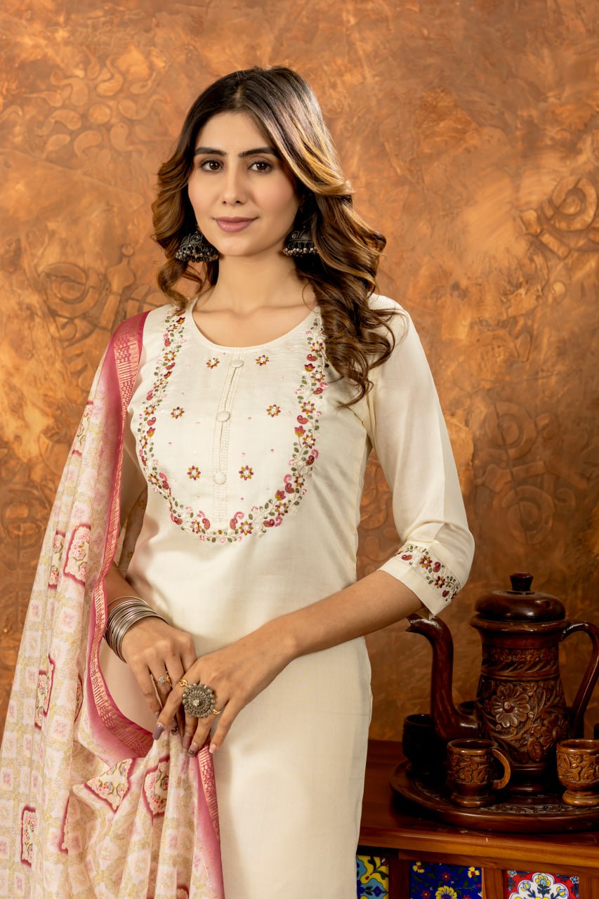 Moonpalav Pearl Cream Marina Silk Luxury Suit with Digital Print Dupatta