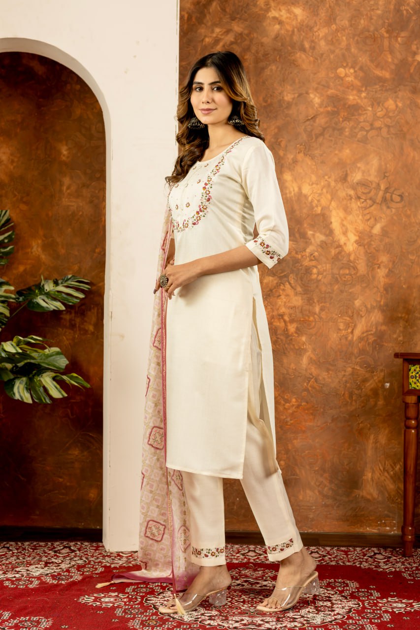 Moonpalav Pearl Cream Marina Silk Luxury Suit with Digital Print Dupatta