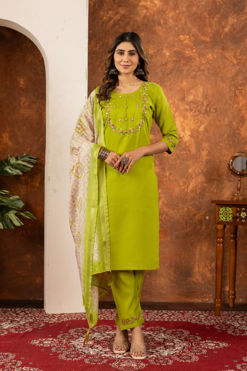Moonpalav Olive Green Marina Silk Kurti Set with Digital Print Dupatta