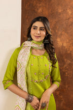 Moonpalav Olive Green Marina Silk Kurti Set with Digital Print Dupatta