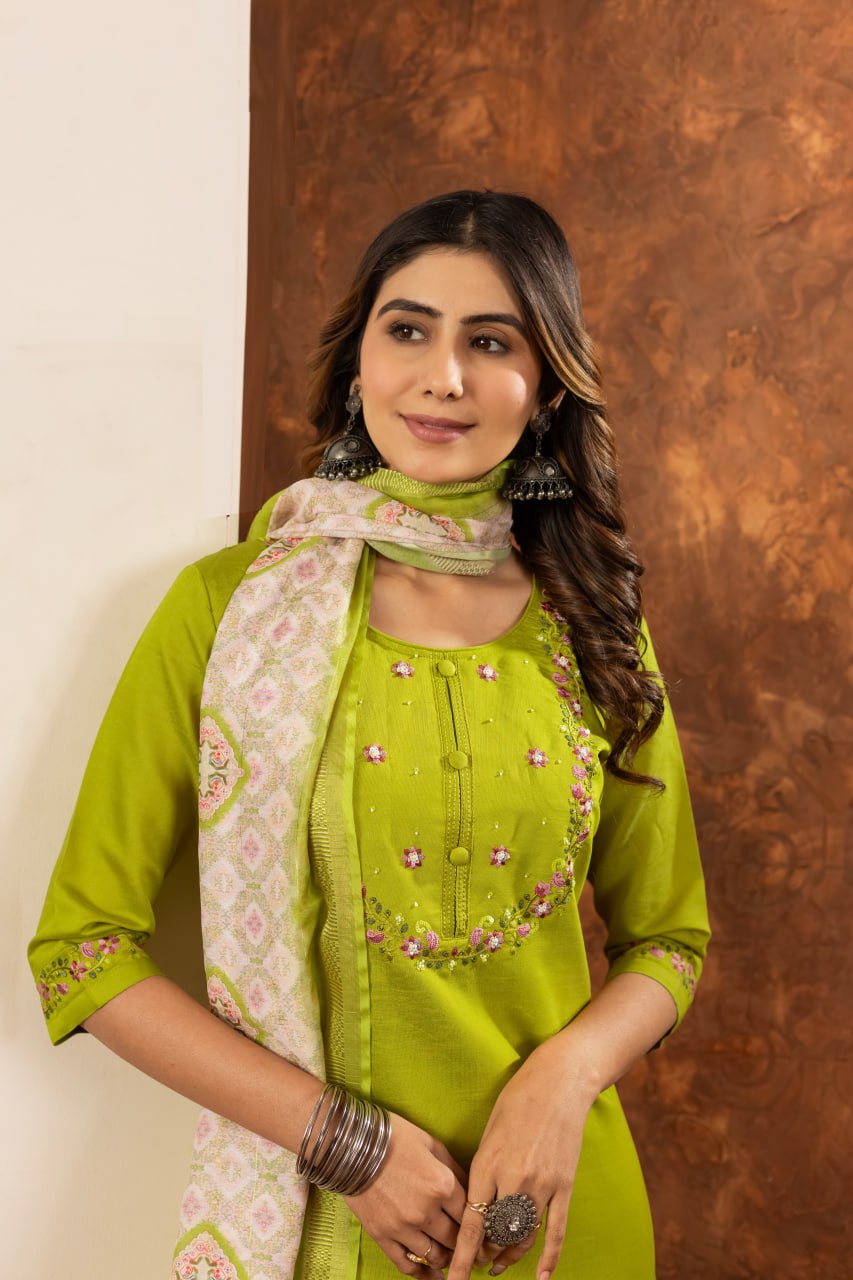 Moonpalav Olive Green Marina Silk Kurti Set with Digital Print Dupatta