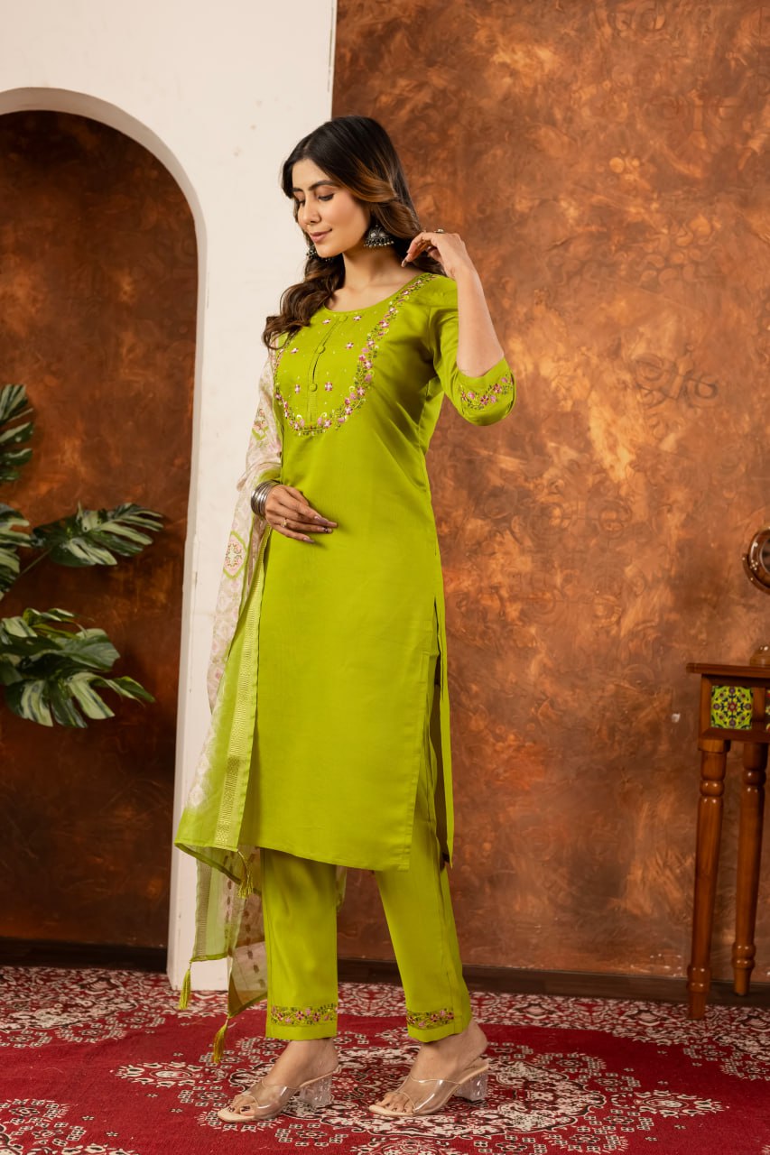 Moonpalav Olive Green Marina Silk Kurti Set with Digital Print Dupatta