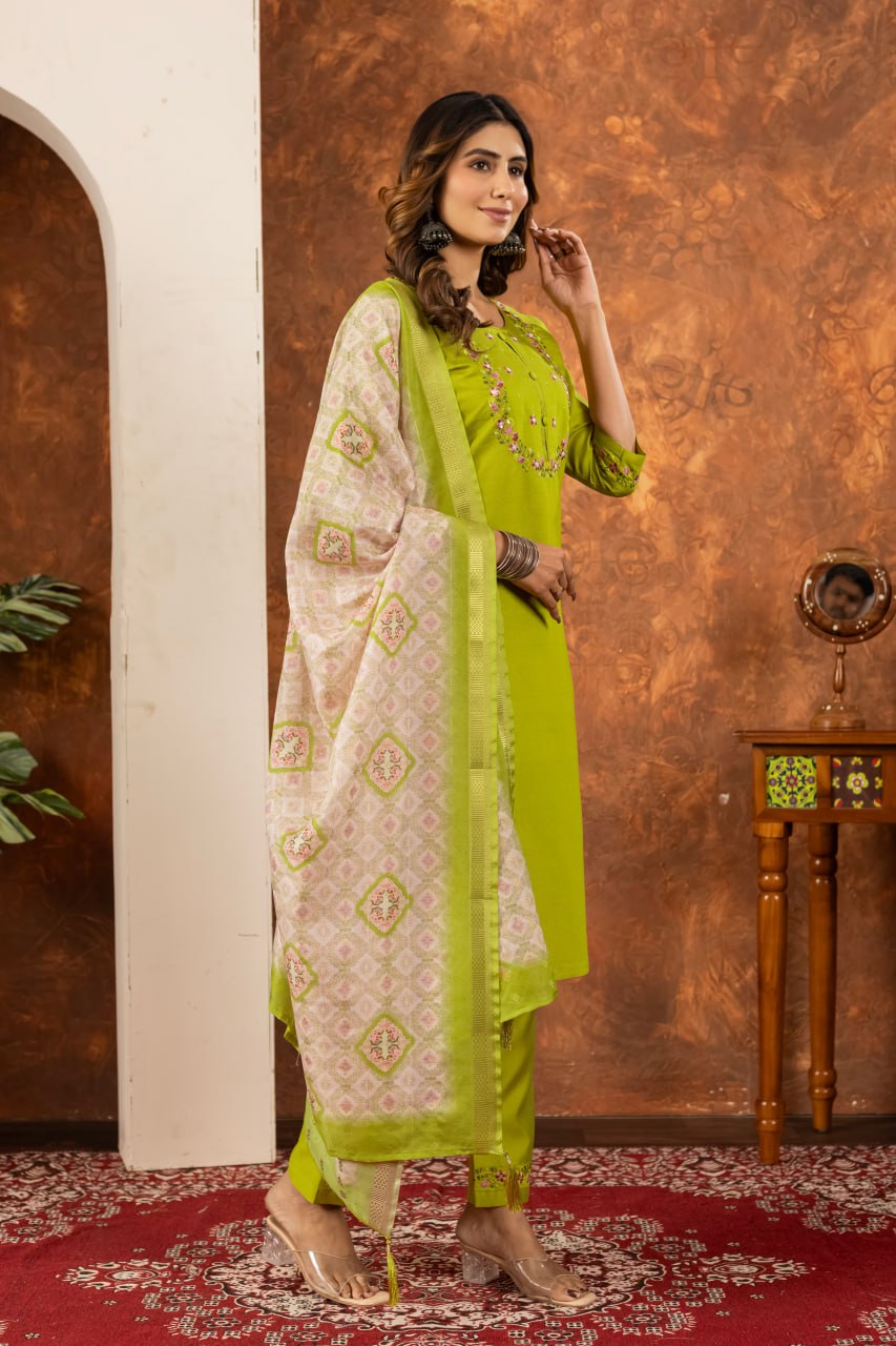 Moonpalav Olive Green Marina Silk Kurti Set with Digital Print Dupatta