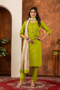 Moonpalav Olive Green Marina Silk Kurti Set with Digital Print Dupatta