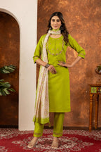 Moonpalav Olive Green Marina Silk Kurti Set with Digital Print Dupatta