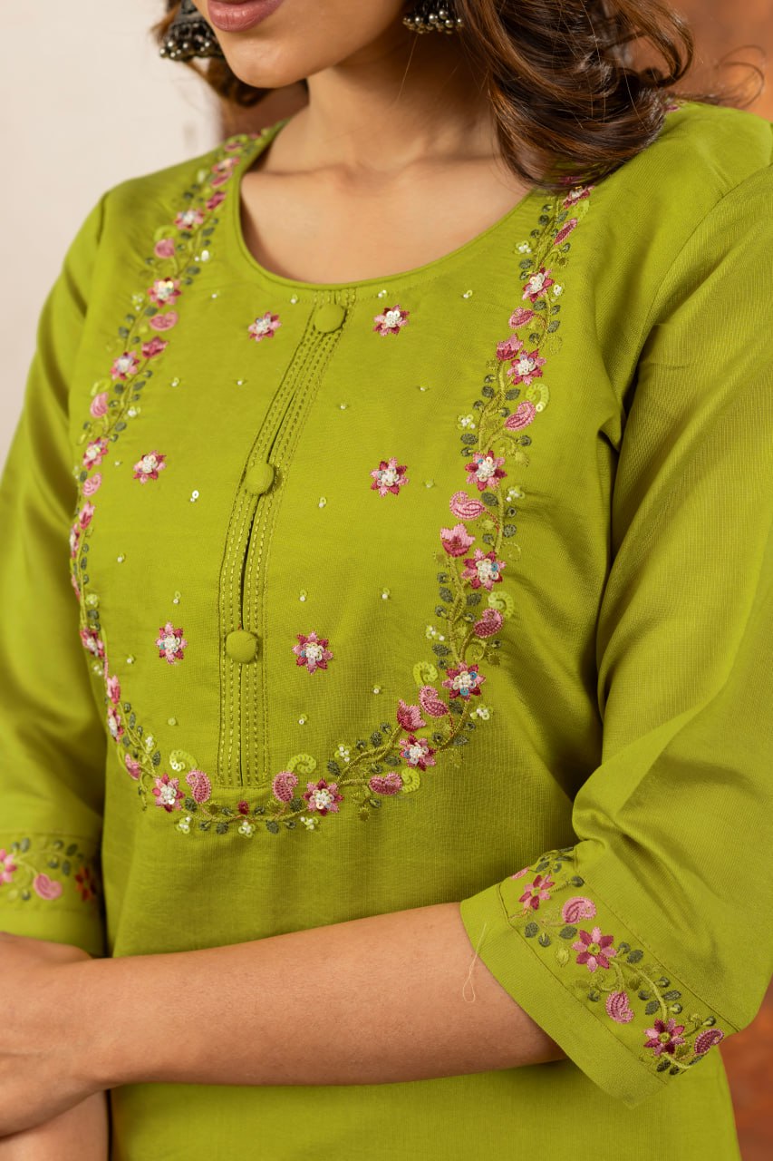 Moonpalav Olive Green Marina Silk Kurti Set with Digital Print Dupatta
