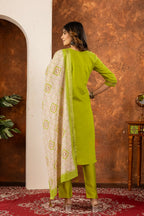 Moonpalav Olive Green Marina Silk Kurti Set with Digital Print Dupatta