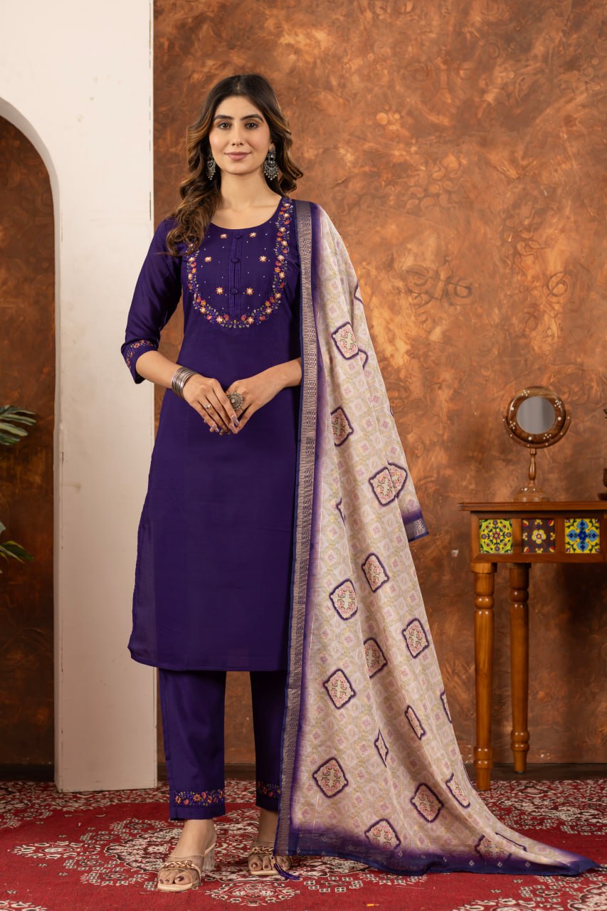 Moonpalav Deep Purple Marina Silk Embroidered Suit with Digital Print Dupatta