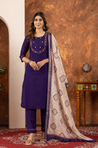 Moonpalav Deep Purple Marina Silk Embroidered Suit with Digital Print Dupatta