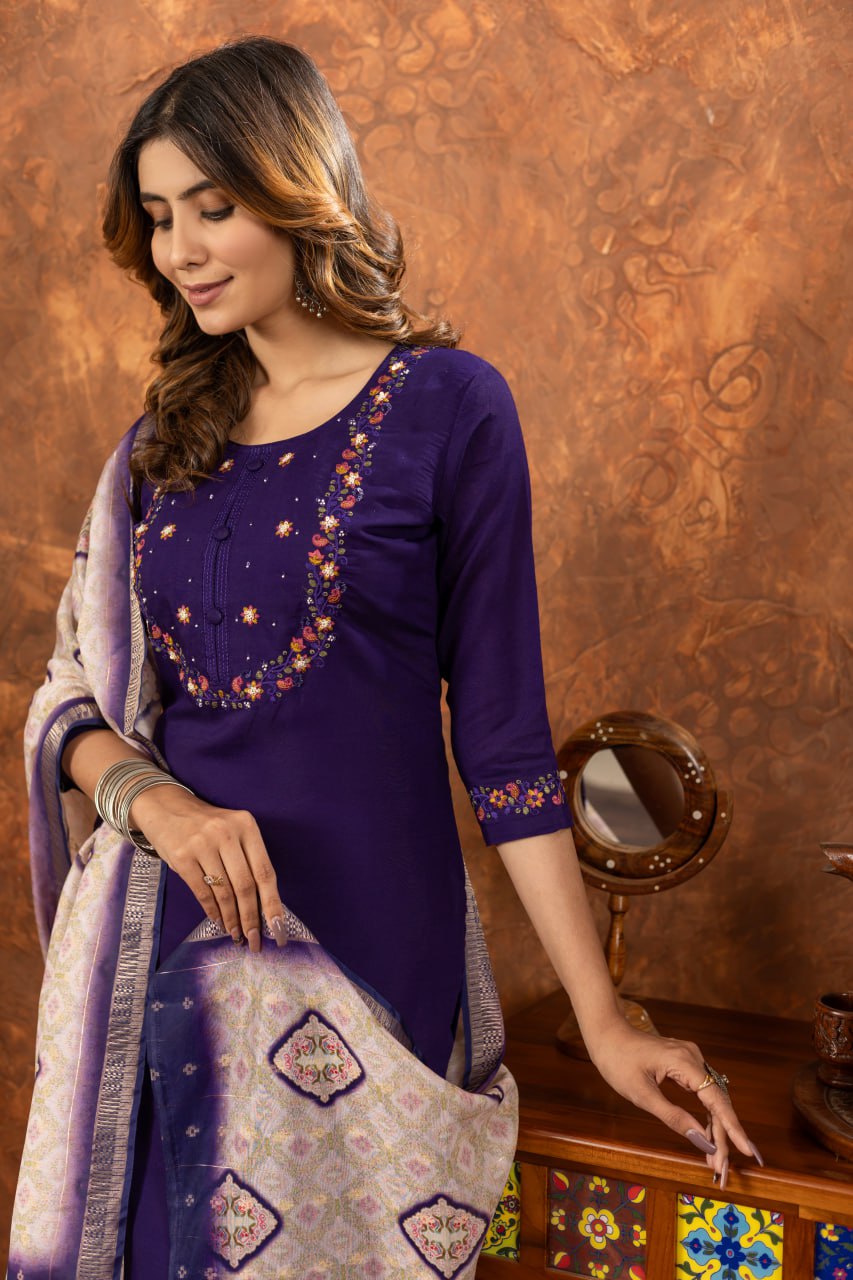 Moonpalav Deep Purple Marina Silk Embroidered Suit with Digital Print Dupatta