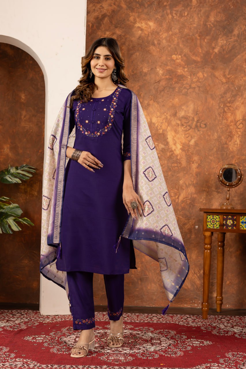 Moonpalav Deep Purple Marina Silk Embroidered Suit with Digital Print Dupatta