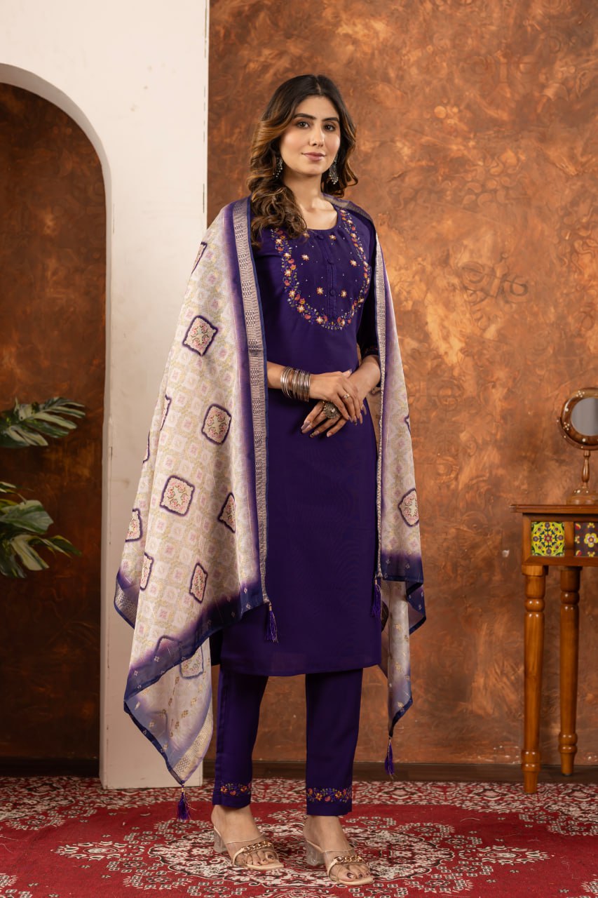 Moonpalav Deep Purple Marina Silk Embroidered Suit with Digital Print Dupatta