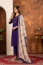 Moonpalav Deep Purple Marina Silk Embroidered Suit with Digital Print Dupatta