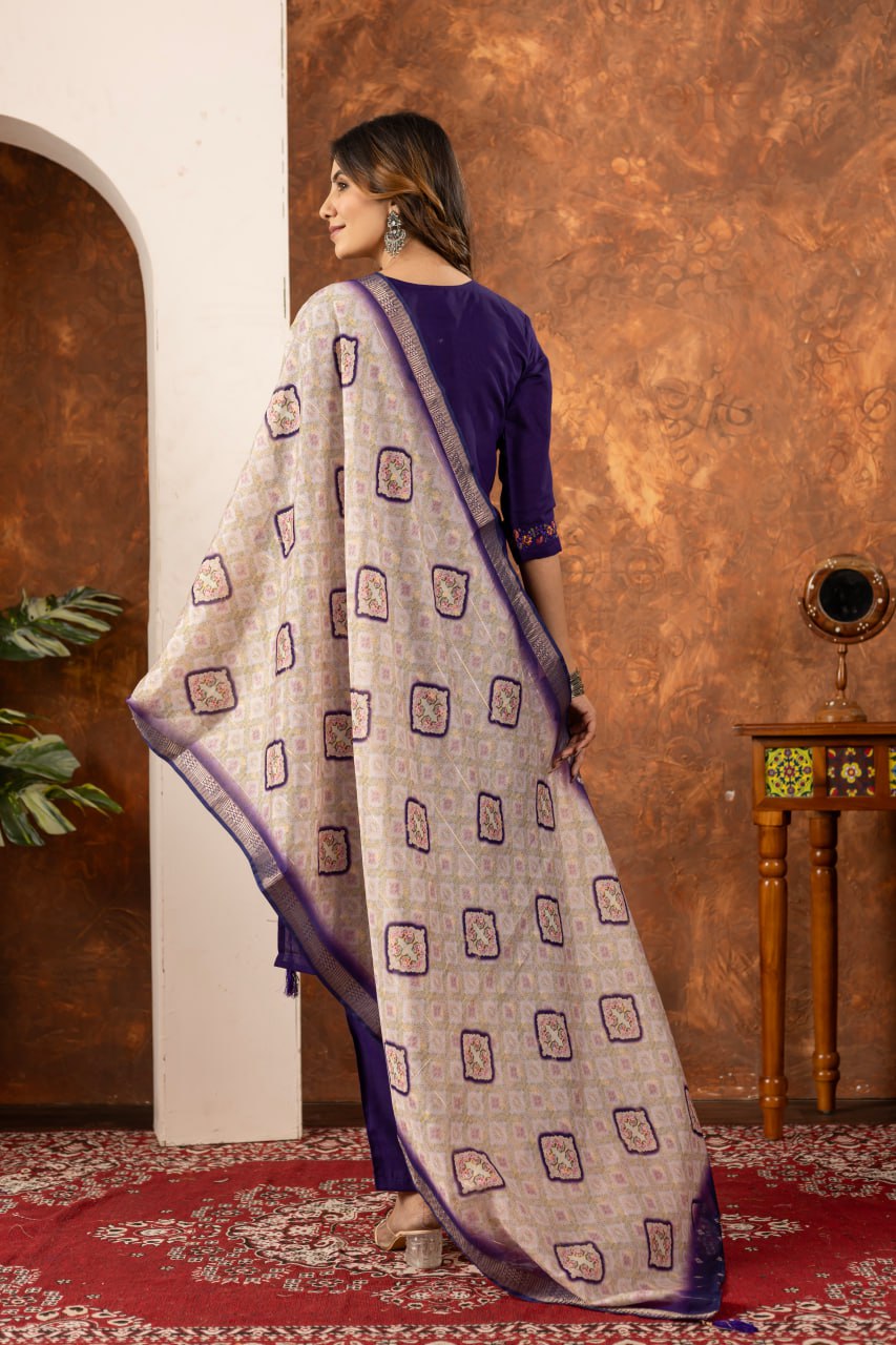 Moonpalav Deep Purple Marina Silk Embroidered Suit with Digital Print Dupatta