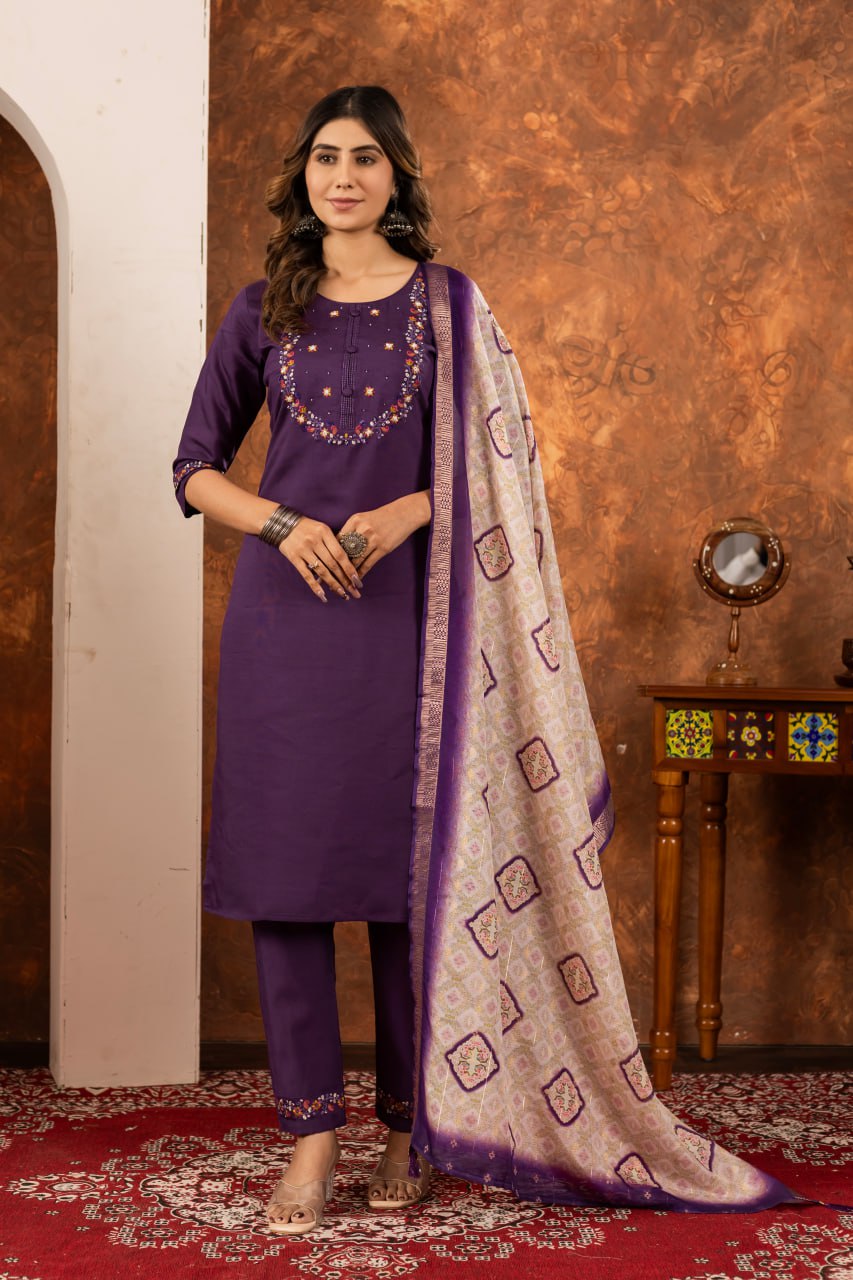 Moonpalav Royal Wine Marina Silk Embroidered Suit with Digital Print Dupatta