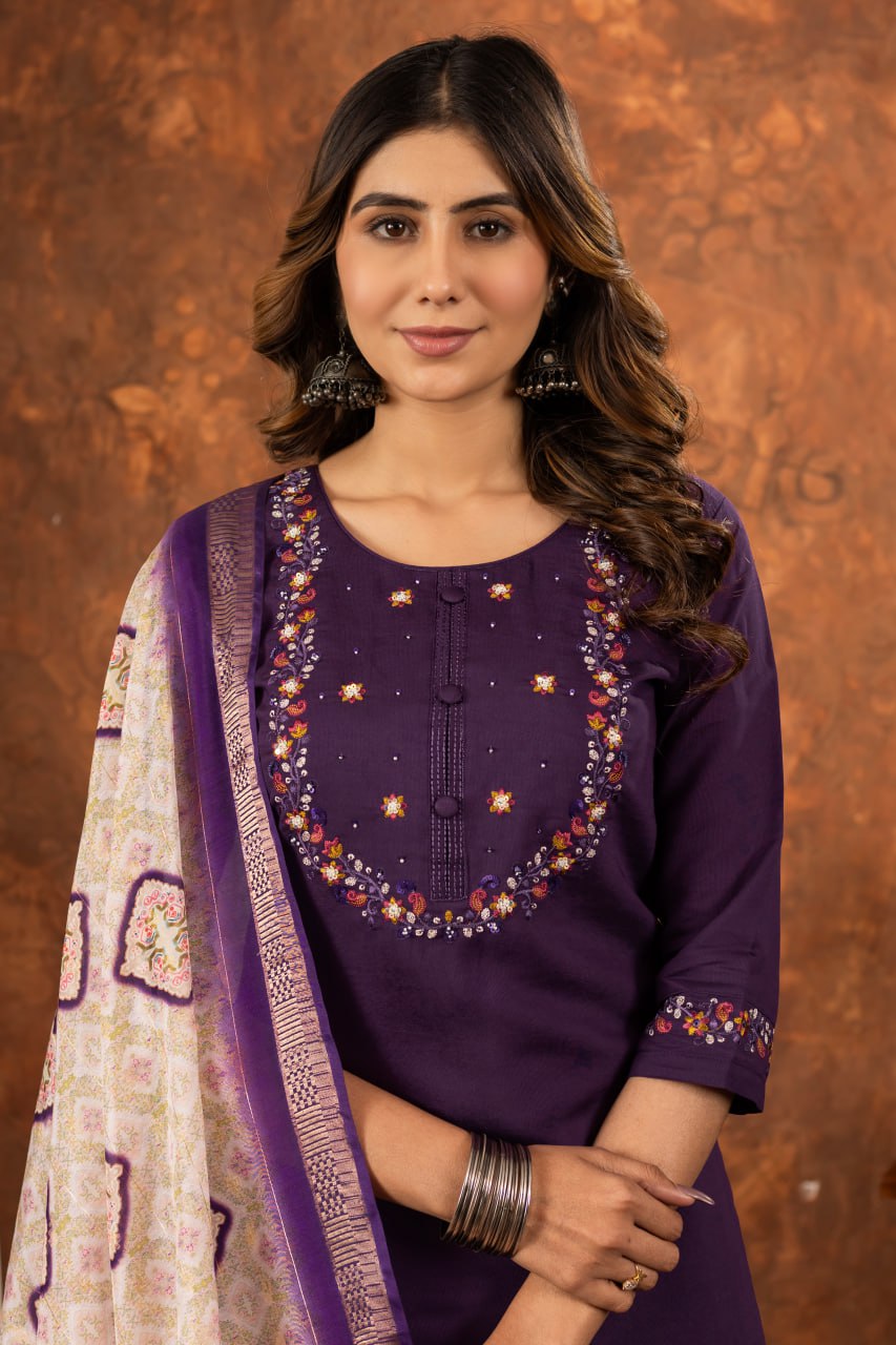 Moonpalav Royal Wine Marina Silk Embroidered Suit with Digital Print Dupatta