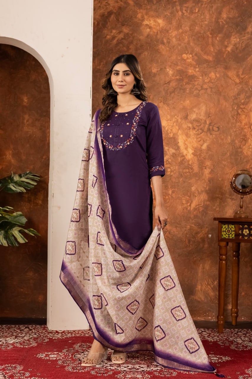 Moonpalav Royal Wine Marina Silk Embroidered Suit with Digital Print Dupatta