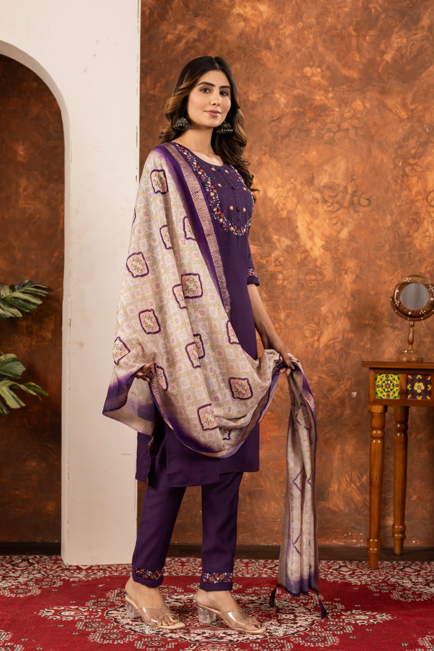 Moonpalav Royal Wine Marina Silk Embroidered Suit with Digital Print Dupatta