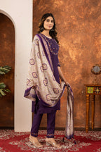 Moonpalav Royal Wine Marina Silk Embroidered Suit with Digital Print Dupatta