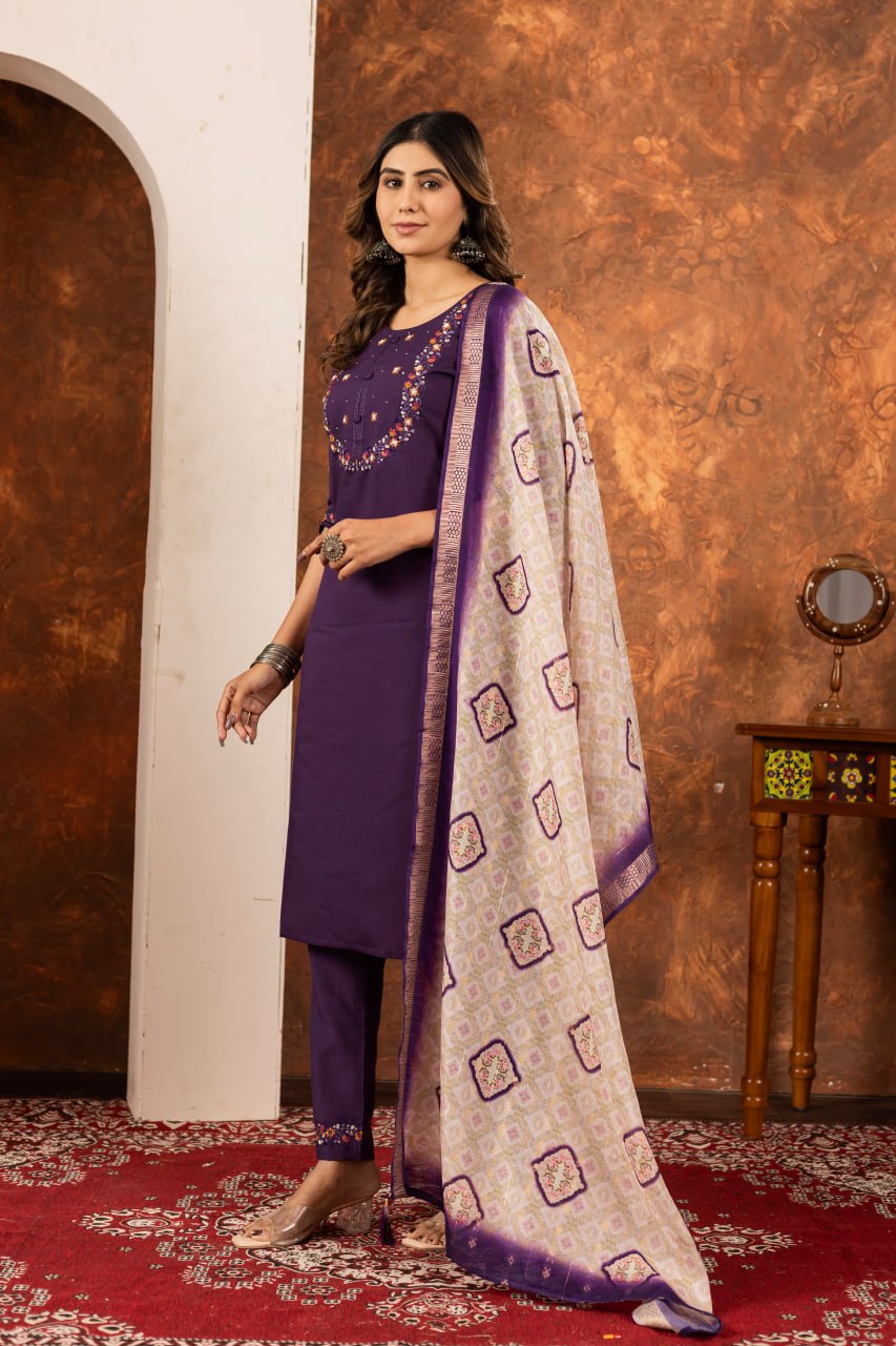 Moonpalav Royal Wine Marina Silk Embroidered Suit with Digital Print Dupatta