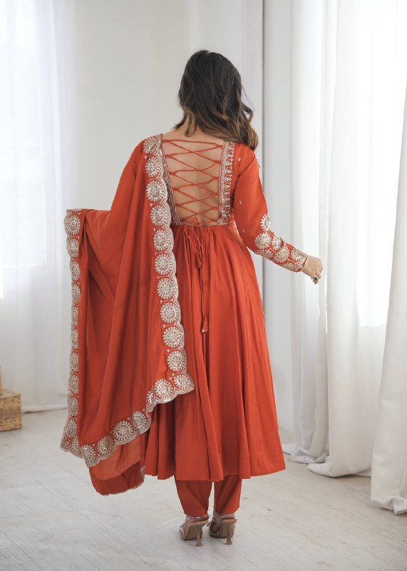 Royal Embroidered Sequence Roman Silk Anarkali Suit Set – Ready to Wear