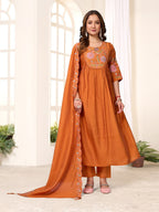 Moonpalav Signature Orange Roman Silk Hand-Embroidered Anarkali Suit Set