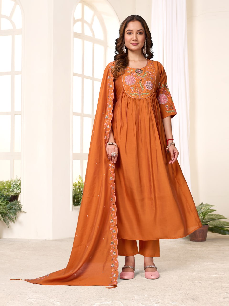 Moonpalav Signature Orange Roman Silk Hand-Embroidered Anarkali Suit Set