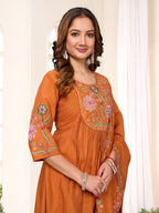 Moonpalav Signature Orange Roman Silk Hand-Embroidered Anarkali Suit Set