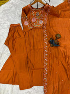 Moonpalav Signature Orange Roman Silk Hand-Embroidered Anarkali Suit Set