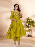 Moonpalav Lime Green Roman Silk Flared Anarkali Suit Set
