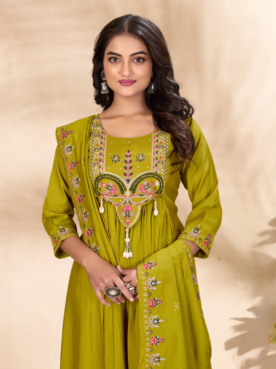 Moonpalav Lime Green Roman Silk Flared Anarkali Suit Set