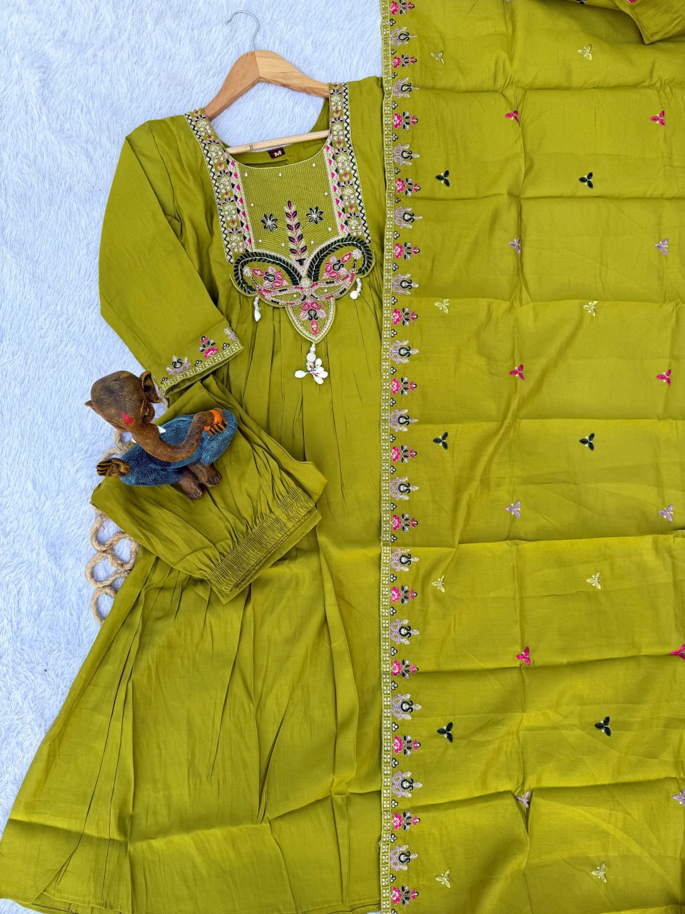 Moonpalav Lime Green Roman Silk Flared Anarkali Suit Set