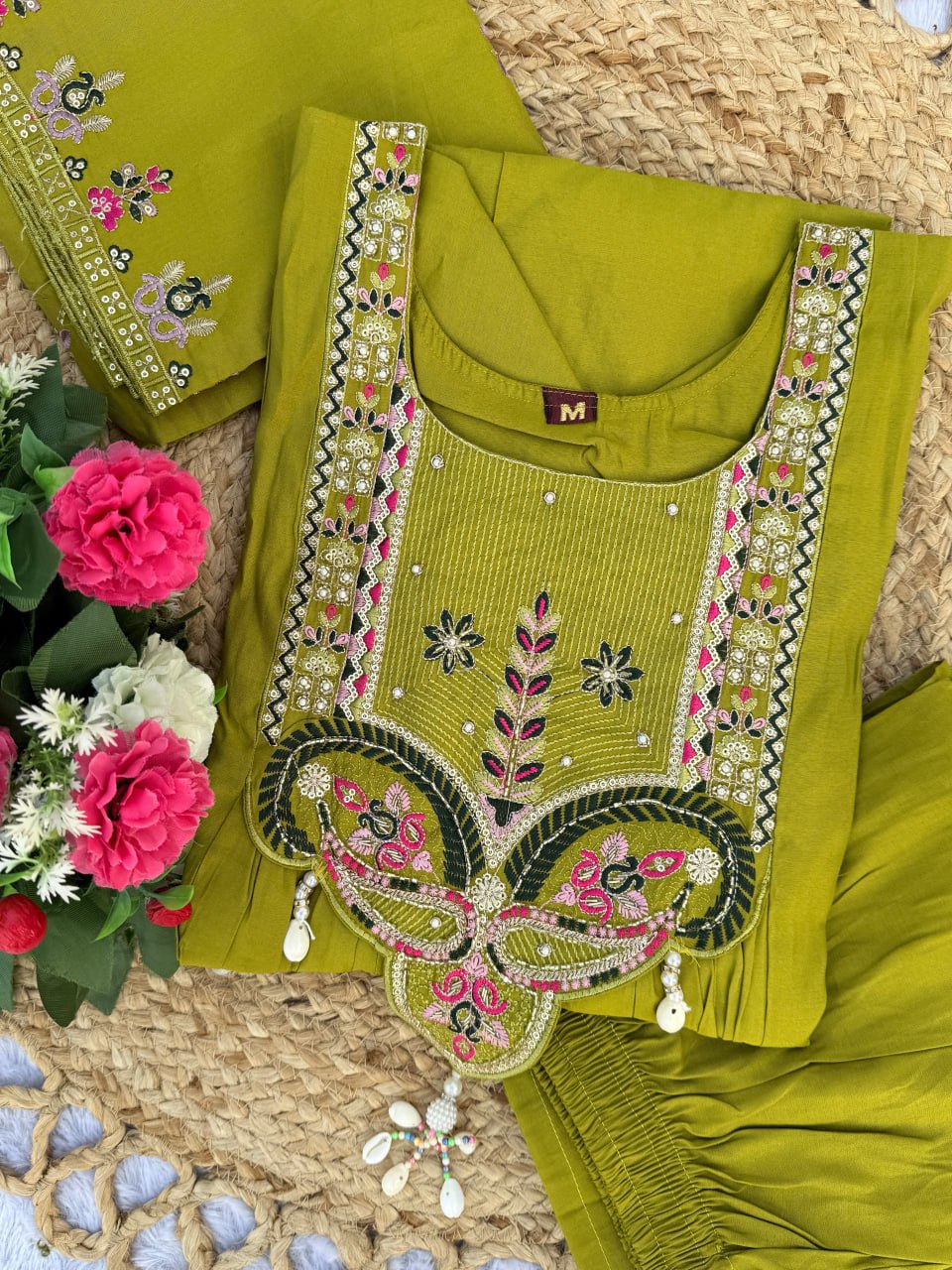 Moonpalav Lime Green Roman Silk Flared Anarkali Suit Set