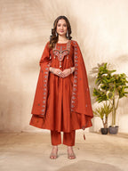 Moonpalav Rust Orange Sequinned Roman Silk Anarkali Kurta Set