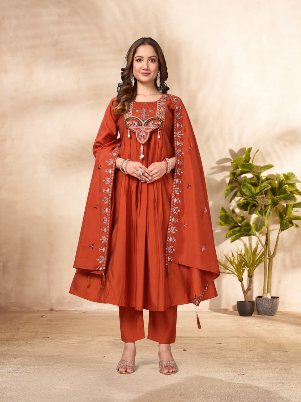 Moonpalav Rust Orange Sequinned Roman Silk Anarkali Kurta Set