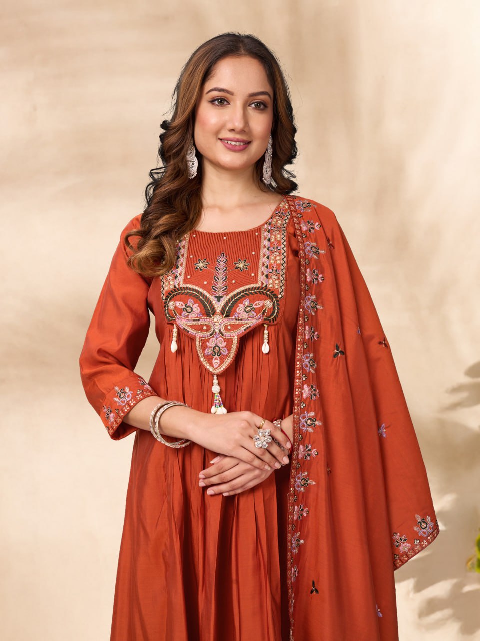 Moonpalav Rust Orange Sequinned Roman Silk Anarkali Kurta Set
