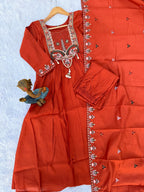 Moonpalav Rust Orange Sequinned Roman Silk Anarkali Kurta Set