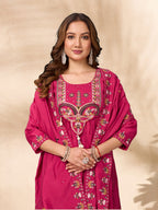 Moonpalav Rani Pink Roman Silk Handwork Anarkali Suit with Dupatta