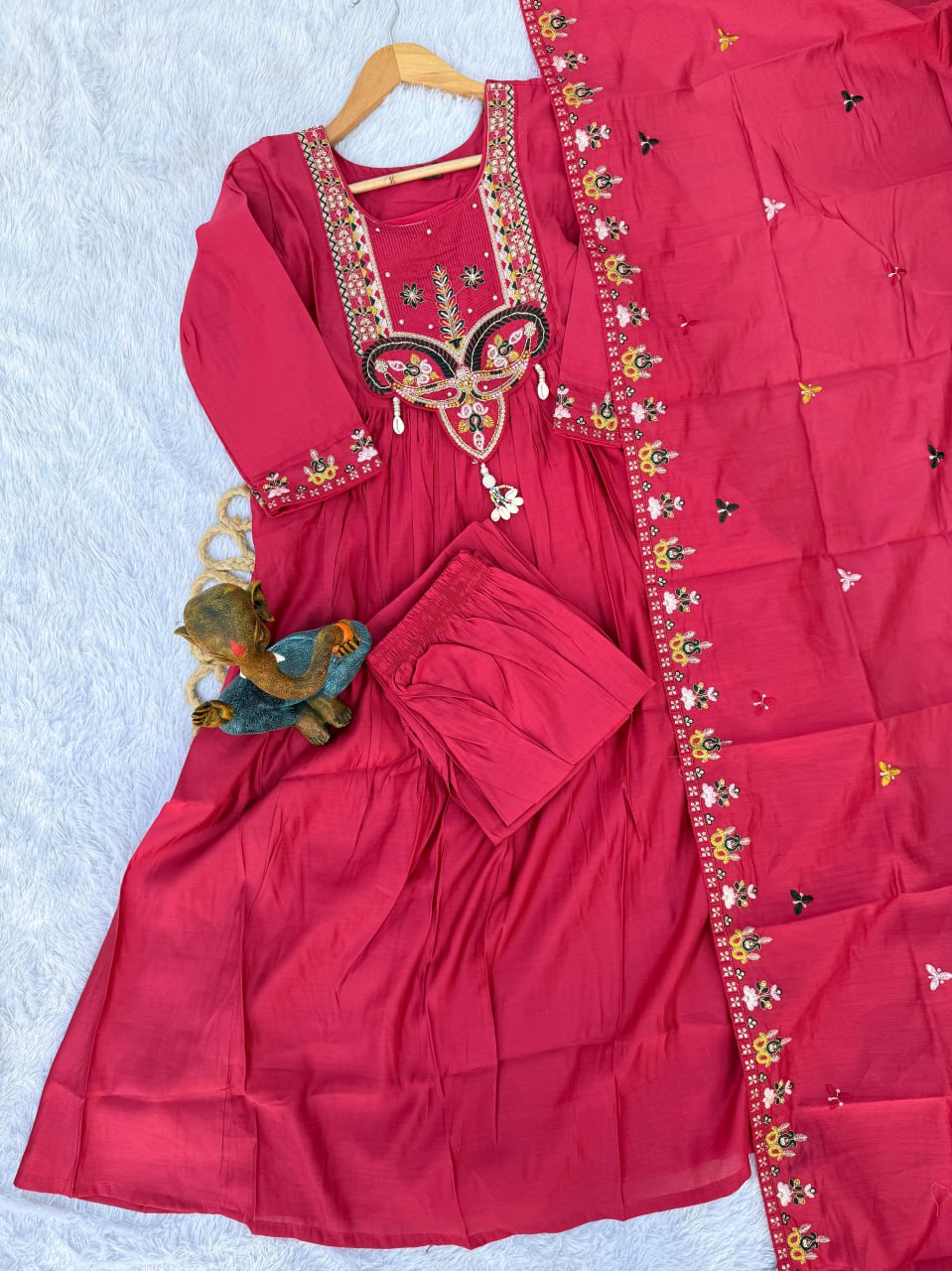 Moonpalav Rani Pink Roman Silk Handwork Anarkali Suit with Dupatta
