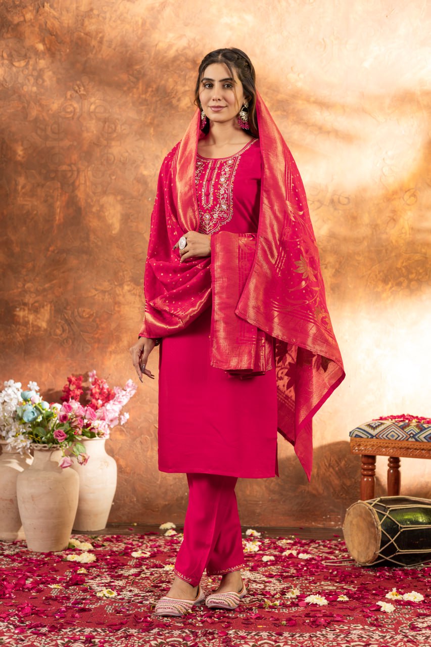 Moonpalav Hot Pink Marina Silk Designer Suit with Meena Work Dupatta