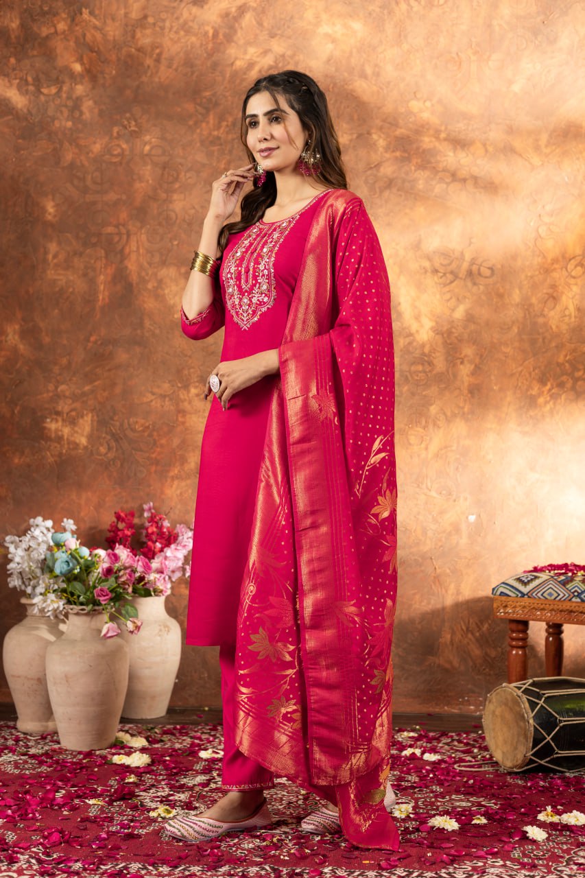 Moonpalav Hot Pink Marina Silk Designer Suit with Meena Work Dupatta